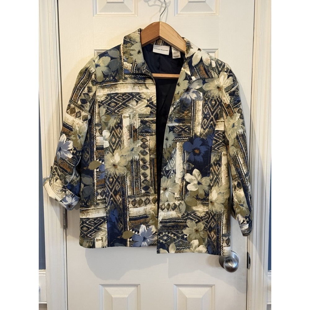 Vintage Alfred Dunner Floral Boho Cottage Blazer Size 10 Navy Tans Formal